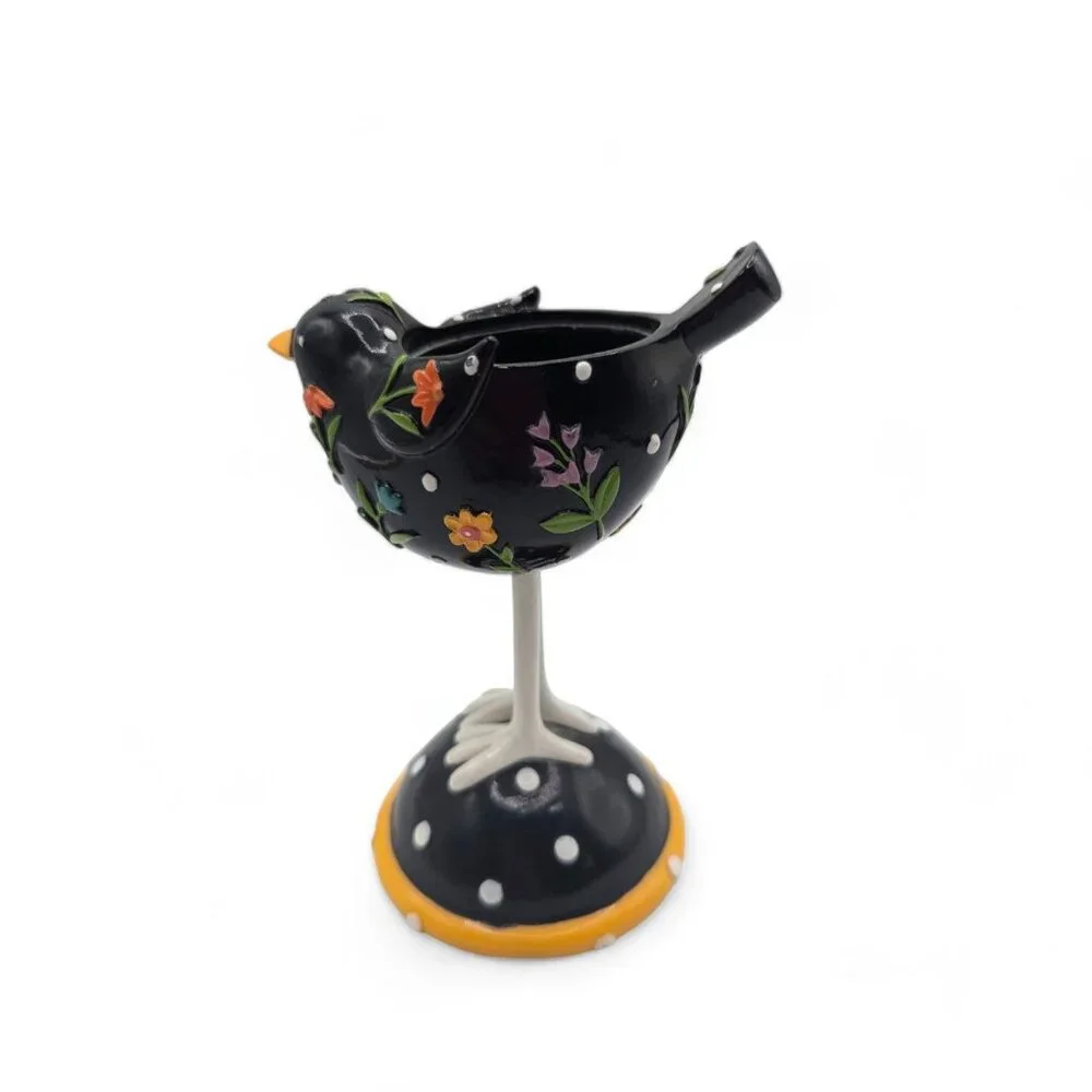 Yankee Candle Black Bird Long Legs Votive Candle Holder With Folk Art Floral Des